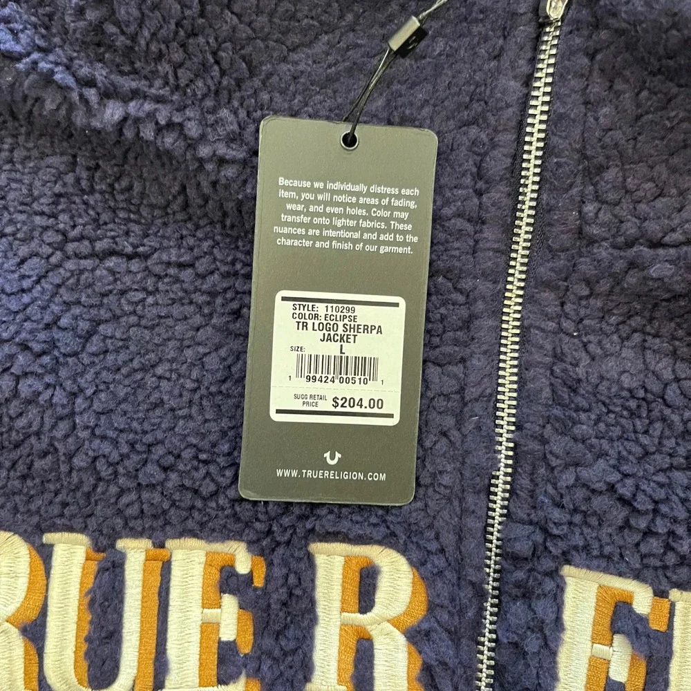 True Religion Mens TR Logo‎ Sherpa Jacket Eclipse Navy Blue Fleece 110299 Size L
